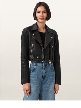AllSaints Black Cropped Leather Biker Jacket